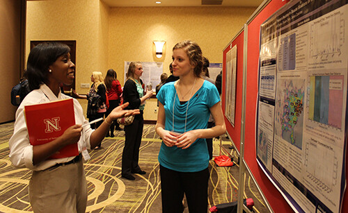 Students discuss their research during a poster session at the 2014 Nebraska Conference for Undergraduate Women in Mathematics.