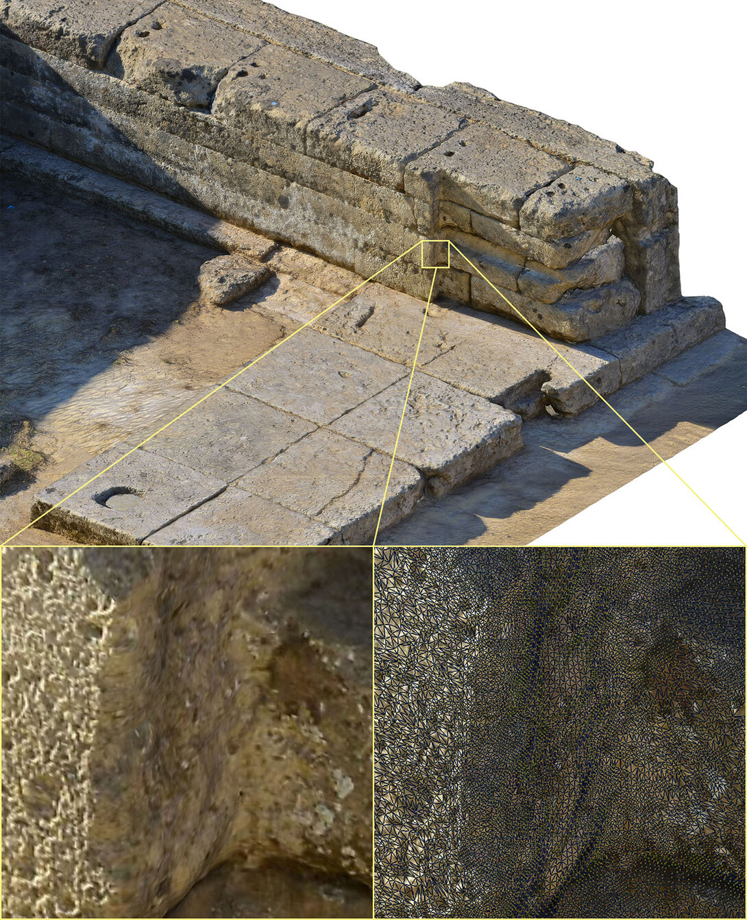 Philip Sapirstein is using a software program to combine individual photos into 3-D images of ancient Greek temples. The program uses the images to generate a 3-D grid (lower right) and projects details from the photo onto the grid (top and lower left).