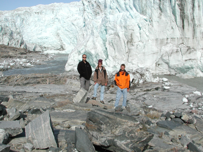 (From left) William D'Andrea, Sherilyn Fritz and Fritz's former UNL Ph.D. student Frank Aebly at the edge of the Greenland Ice Sheet in July 2002, about 25 miles east of the lakes that were reported on in PNAS.