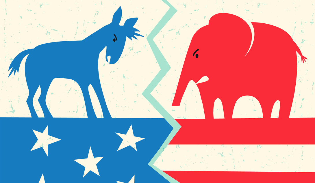 The political symbols of a donkey and elephant are standing, staring off at each other.