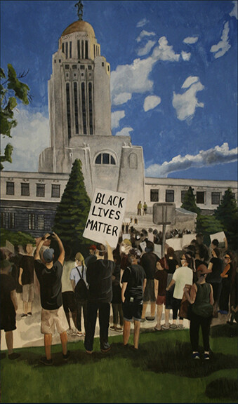 Alyssa Kobza, “Protest at the Capitol,” Gouache on panel, 27”x16”x2”, 2020.