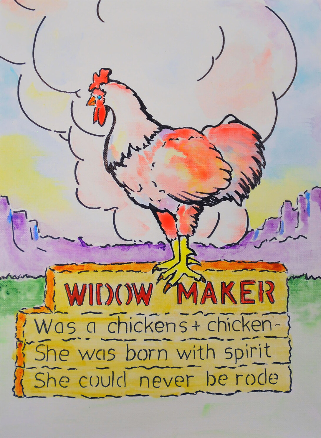 This Rod Roth print of Chicken LIttle as Widow Maker sold during a May exhibtion at Lincoln's Tugboat Gallery.