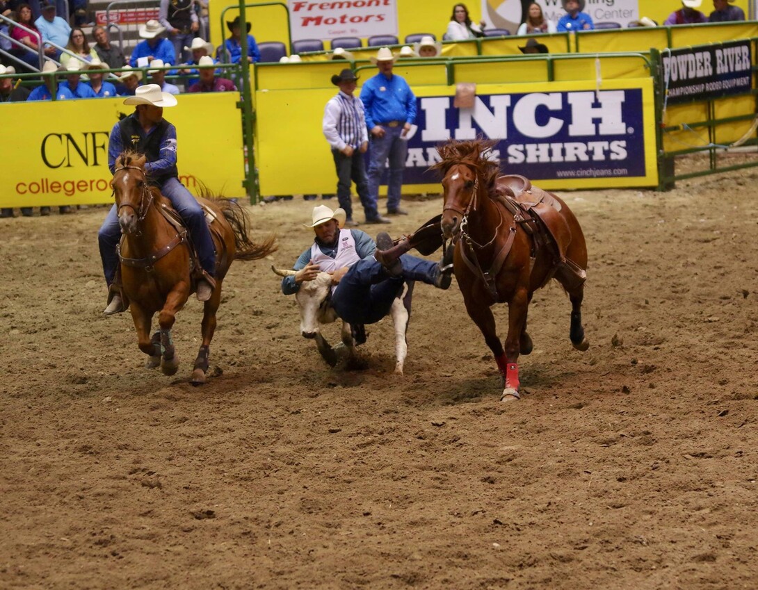 Reed Kraeger earned the reserve championship in the steer wrestling competition at the 2017 College National Finals Rodeo.