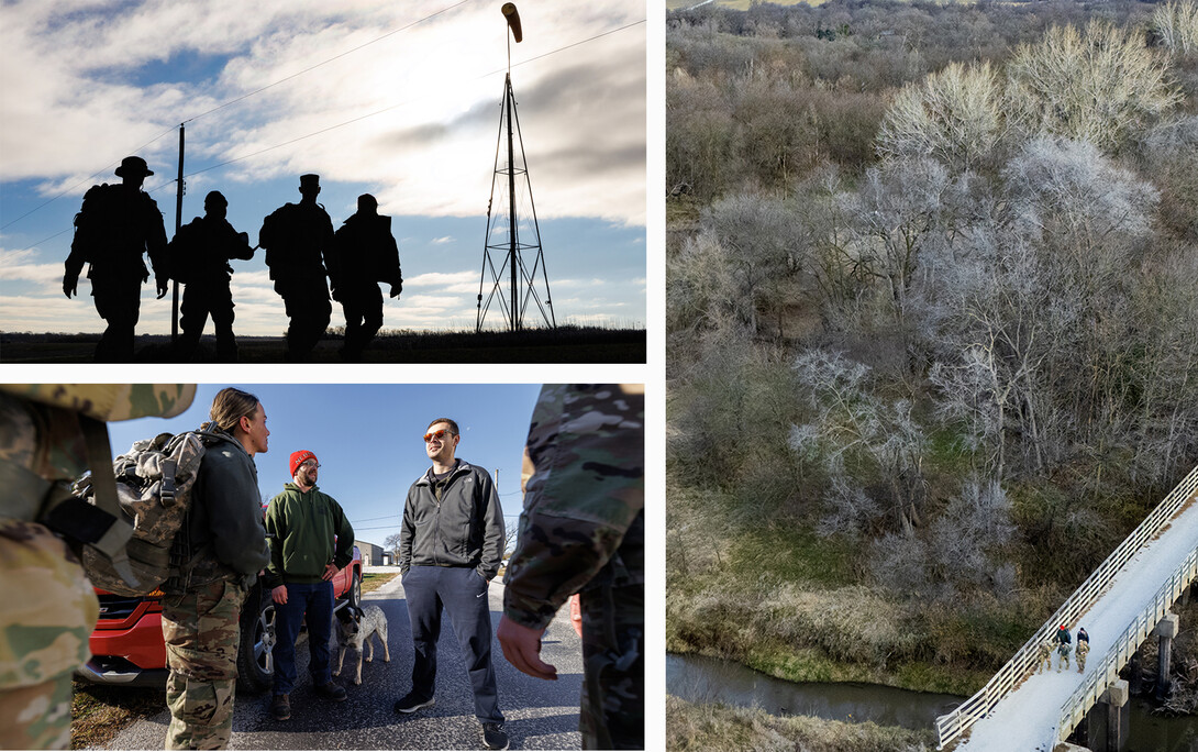 (Top, left) Army ROTC cadets Joe Wiese, Malorie Mulligan and Max Holmstrom walk alongside Nebraska National Guard member Cory Zelfel from Wabash to Alvo as part of the 2024 Ruck March on Nov. 22. (Right) Ruck March participants walk across a bridge in rural Lancaster County. (Bottom left) Brett Klein (right), treasurer for UNL Student Veterans of America, thanks the four volunteers after arriving in Alvo to participate in the 2024 Ruck March.