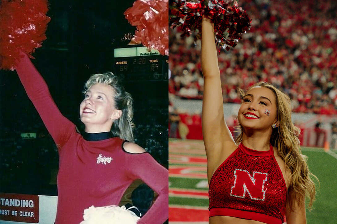 Kate McNamara (right) next to a photo of her mom as a Scarlet.