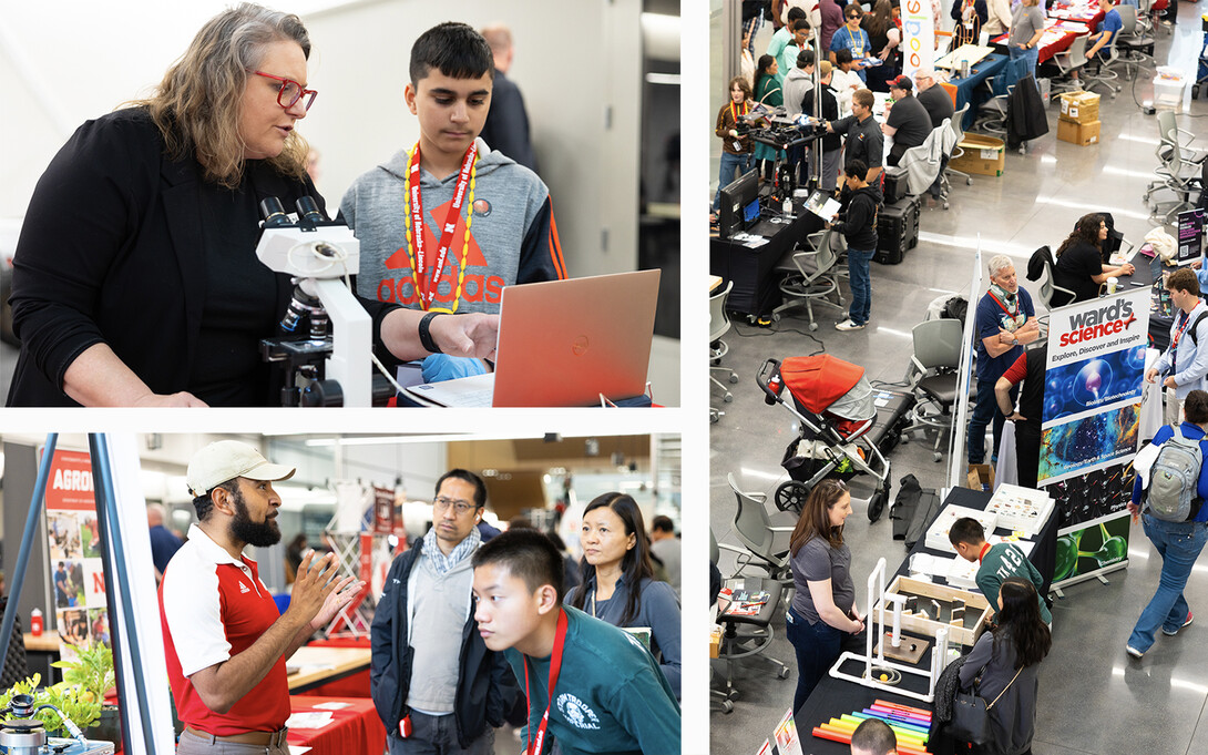 (Top left) Karrie Weber, professor of microbiology, points out bacteria on a slide to a student from Illinois during the Science Olympiad National Tournament’s STEM Expo, held May 23 in Kiewit Hall. (Right) Competitors, coaches and volunteers take part in the STEM Expo on May 23 in Kiewit Hall. (Bottom left) Aldi Airori, a research technologist in agronomy and horticulture, speaks with Nathan Mann and his parents, Allan and Ruby Mann, during the STEM Expo.
