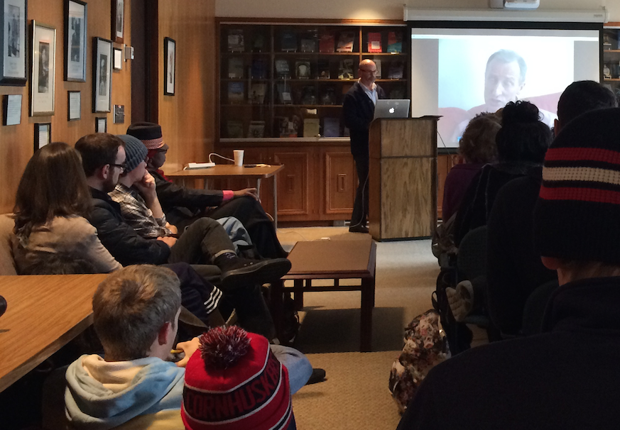 James Le Sueur (at podium) used selected interviews to show the power of intellectual Muslims against radical Islam during a standing-room-only presentation in Andrews Hall on Dec. 8. 