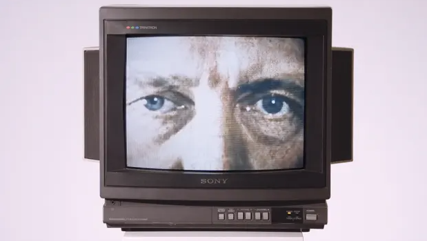 Hitler's eyes framed inside a TV screen as part of a promotion for the film, "The Meaning of Hitler."