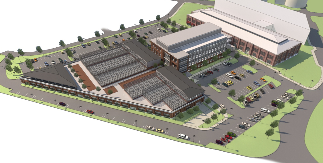 The Industrial Arts Building on Innovation Campus (the trapezoidal-shaped building at left) will be redesigned to include greenhouse space on the second floor. Also pictured is a proposed life-sciences building (center) and the former 4-H Building (right)