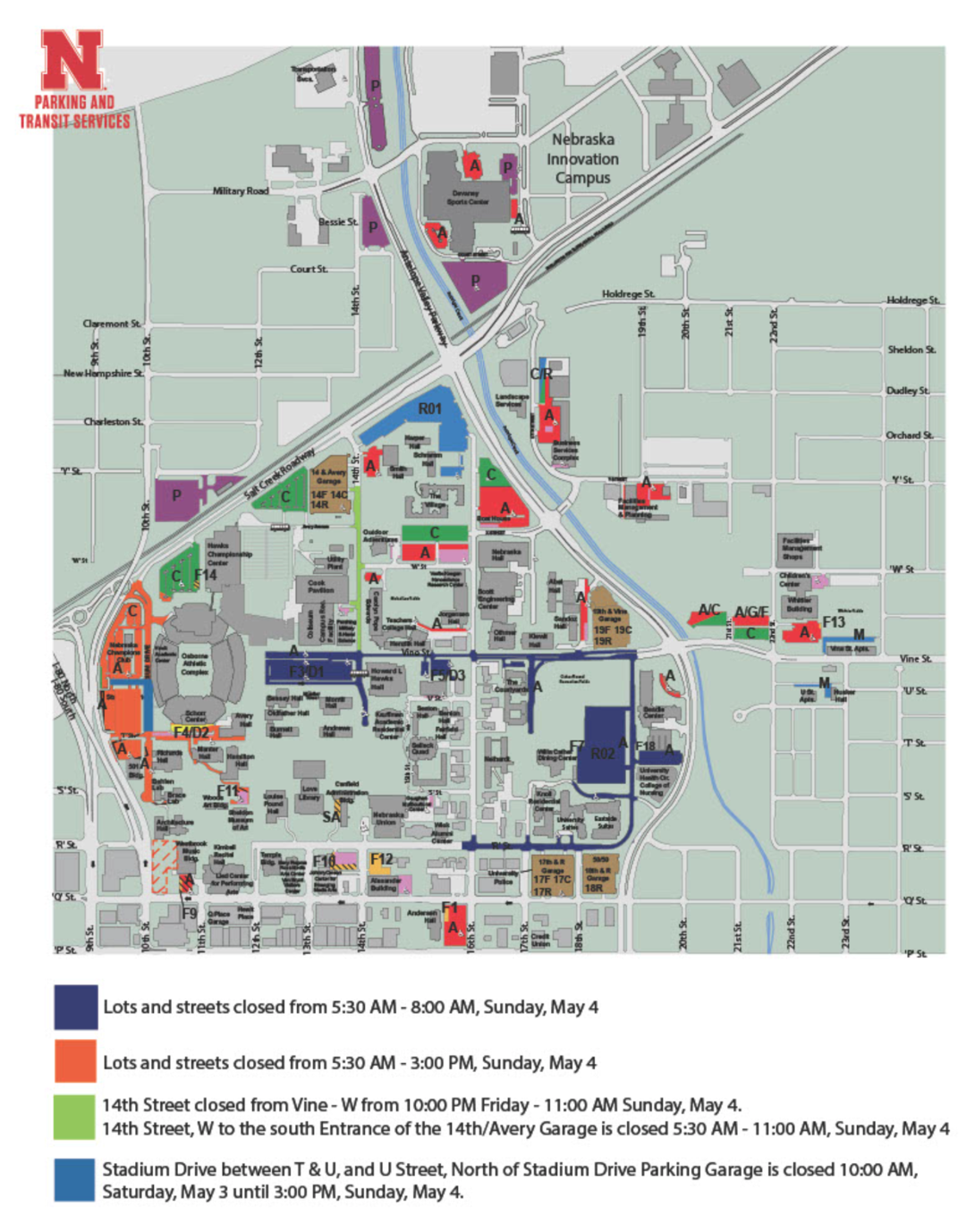 City Campus parking map for the 2025 Lincoln Marathon.