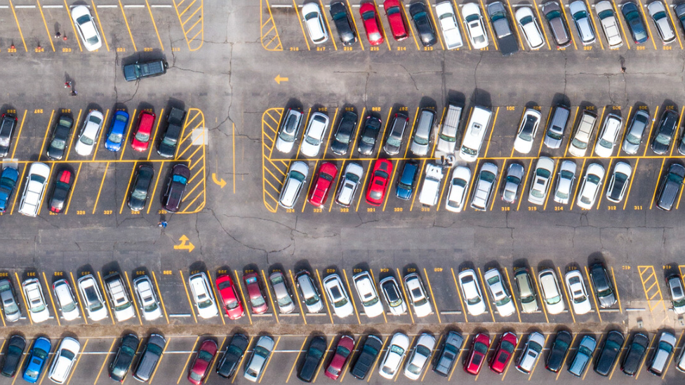 Aerial photo of cars in a parking lot
