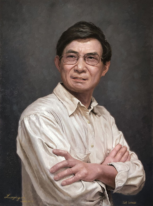 A painting of a man crossing his arms and turning forward.