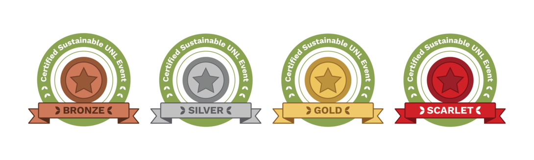 Four seals depicting sustainability awards. They are four bronze, silver, gold and red, respectfully, circles with stars in the middle.