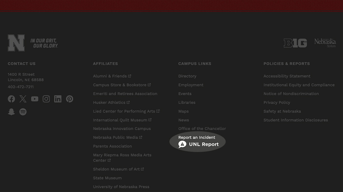 Image of the footer on all UNL webpages, with the UNL Report logo highlighted.