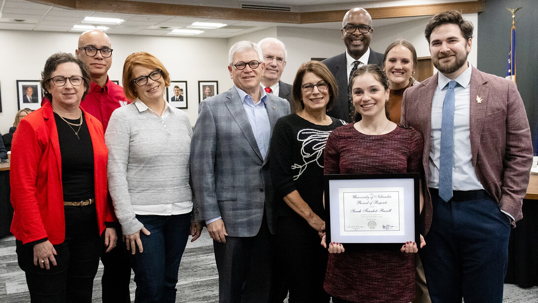 Sarah Frankel-Russell (front, right) received a Kudos Award during the Dec. 5 meeting of the University of Nebraska Board of Regents.