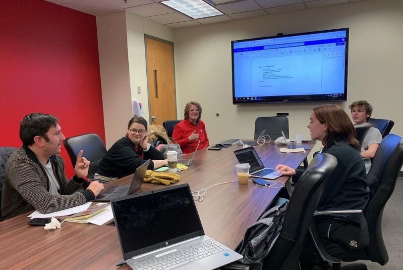 Members of the Husker Vote Coalition executive committee pose for a photo during their first meeting of the semester: Andrew Brown, Ken Bartling, Madison Hurst, Maggie Nielsen, Ivan Molina Jr, Luke McDermott  