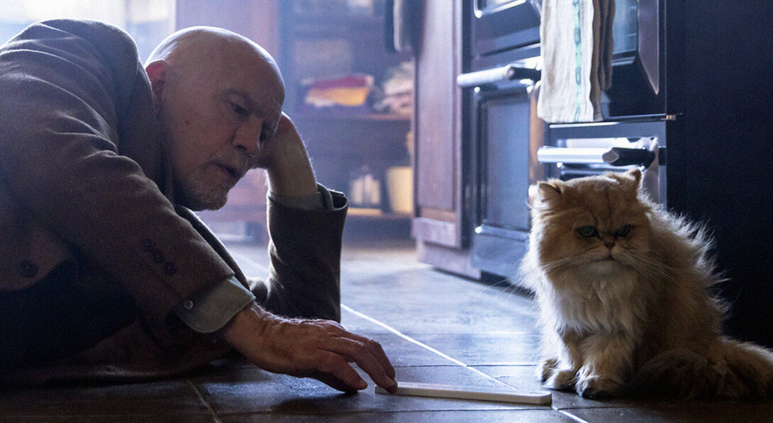 John Malkovich tries to get a cat's attention with a stick in "Mr. Blake at Your Service!"