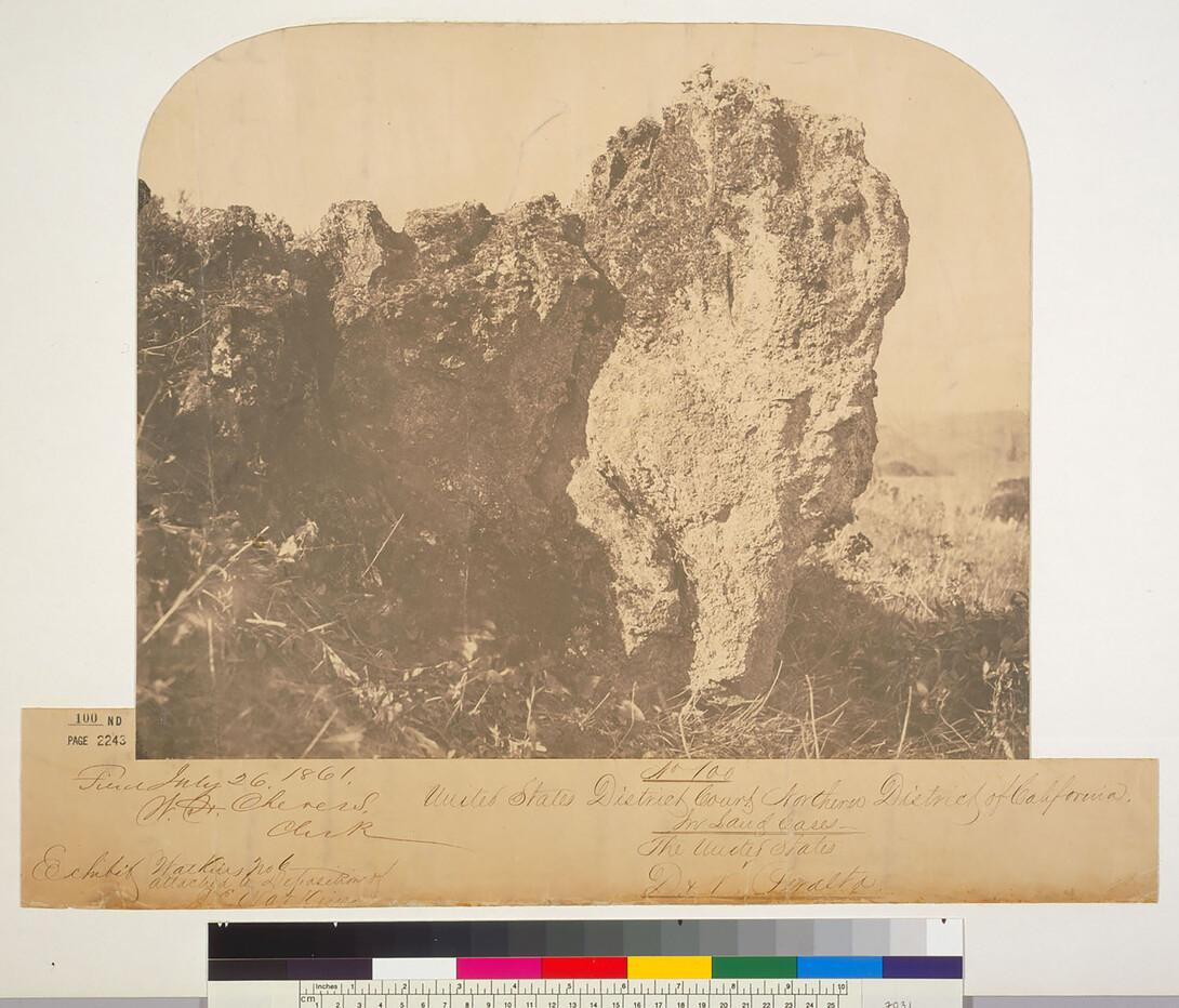 Carleton Watkins, “Rancho San Antonio Rock Outcropping, Exhibit no. 6” (1861). Salted paper print. Courtesy of The Bancroft Library, UC Berkeley, BANC PIC 19xx.096:06—ffALB.   