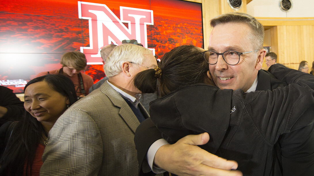 Ronnie Green greets well wishers after being named chancellor of UNL on April 6 in the Van Brunt Visitors Center.