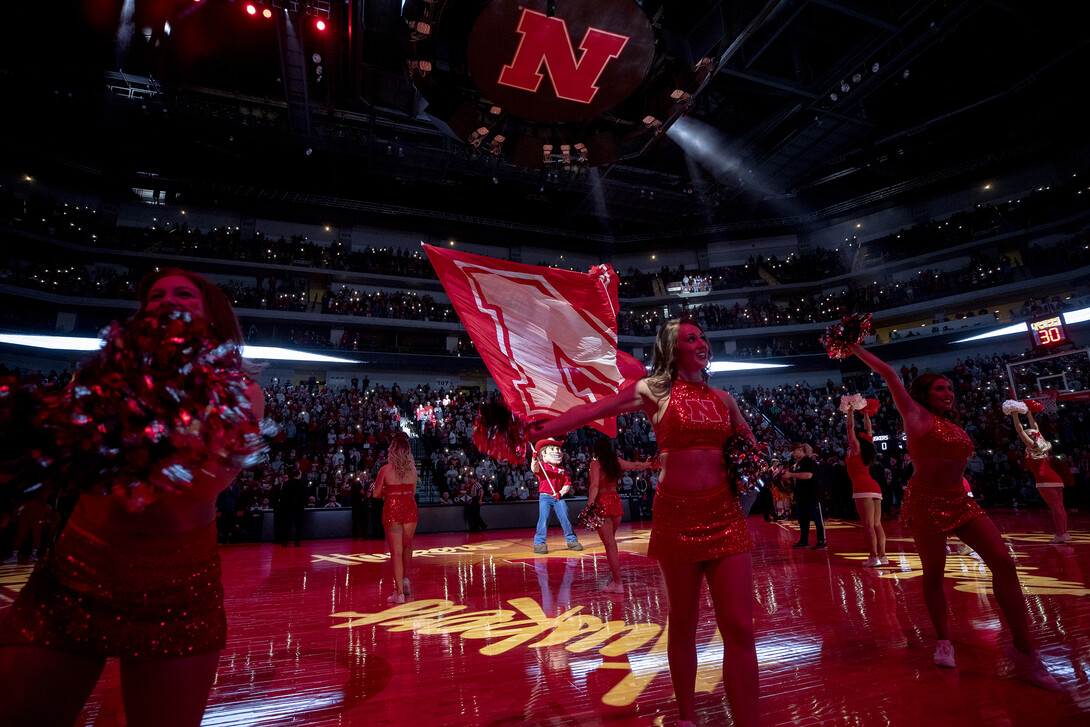 Herbie Husker and the Nebraska cheer squad rally fans during pregame activities at Pinnacle Bank Arena on Feb. 13.