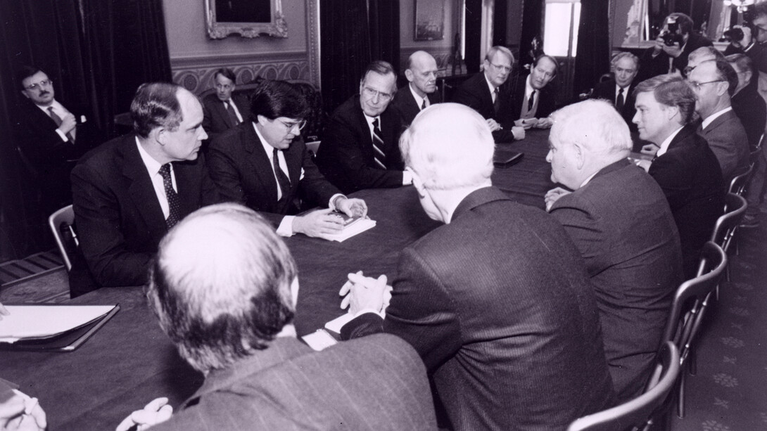 President George H.W. Bush meets in Washington, D.C., with officials, including Ronald Roskens (to right of Pres. Bush). Roskens served as University of Nebraska President from 1977 to 1989.