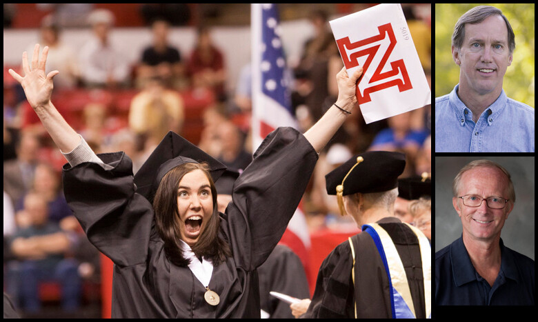 Nicole Maass of Omaha, is jubilant after receiving her diploma during commencement exercises in May. Also pictured are summer commencement speakers (from top) John Rosenow and John Hibbing.