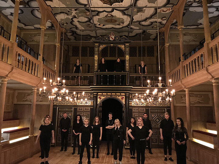 Students from the Johnny Carson School of Theatre and Film rehearse a final production of “Romeo and Juliet” at Shakespeare’s Globe Theatre in London. Courtesy photo.