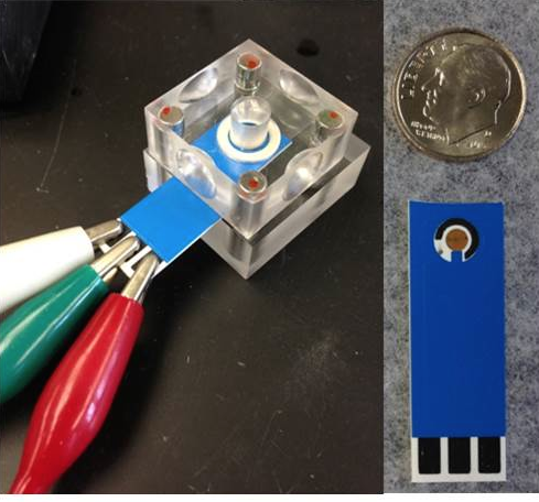 The DNA probe is immobilized on a gold electrode contained within the circle. A water sample as small as 10 microliters is applied to the sensor through the center of the crystal cube. The white, green and red leads attached to the contact pads connect to a handheld power source. 