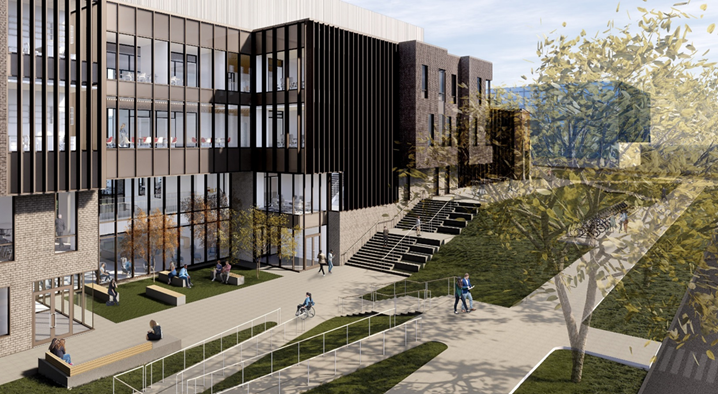 University plans to replace Mabel Lee Hall include the construction of a modern structure, shown here in a architect's rendering.