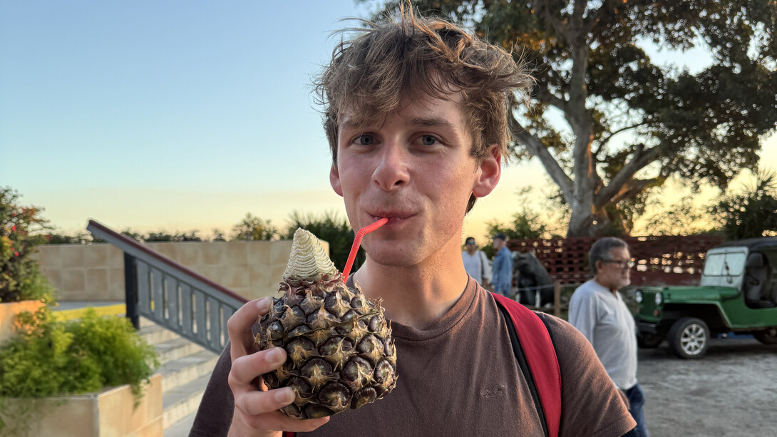 Luke McDermott sips on a straw inside of a carved pineapple in a brown shirt.