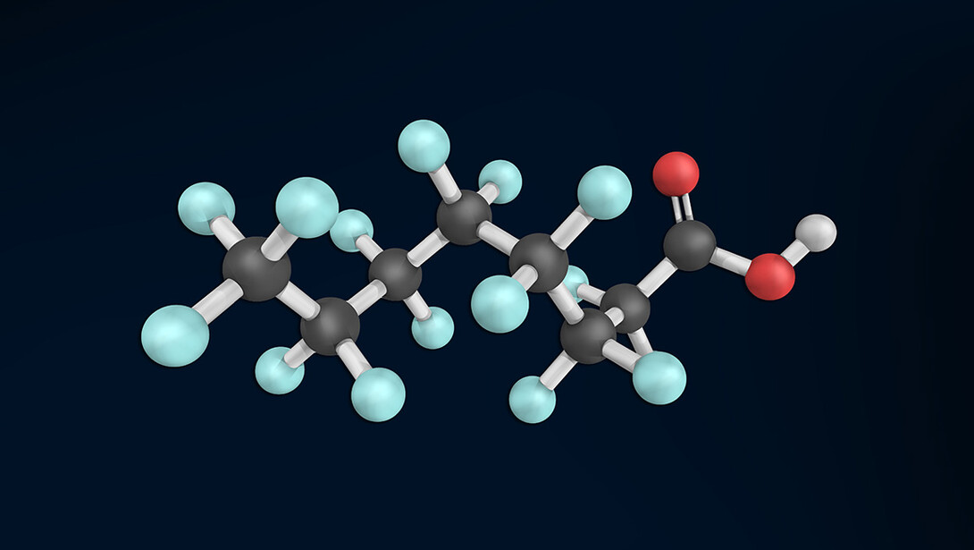 A 3-D rendering of a Perfluorooctanesulfonic Acid molecule is shown.