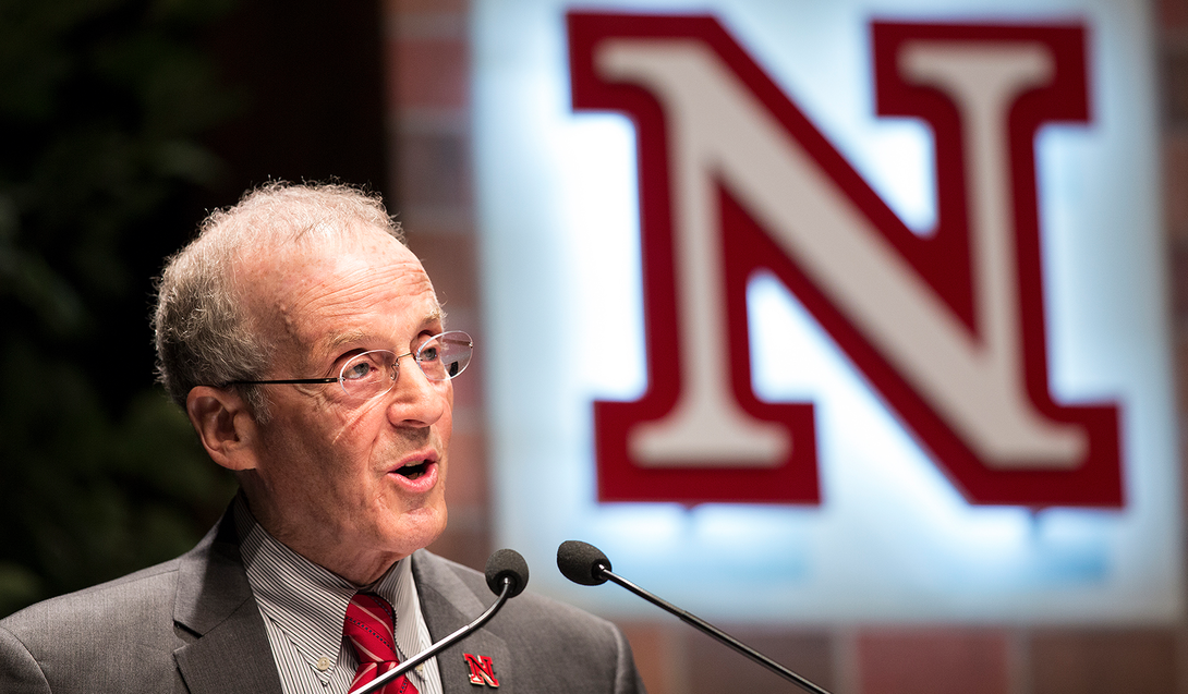 Chancellor Harvey Perlman during the 2014 State of the University address. Perlman announced April 1 that he would step down as chancellor on June 30, 2016.