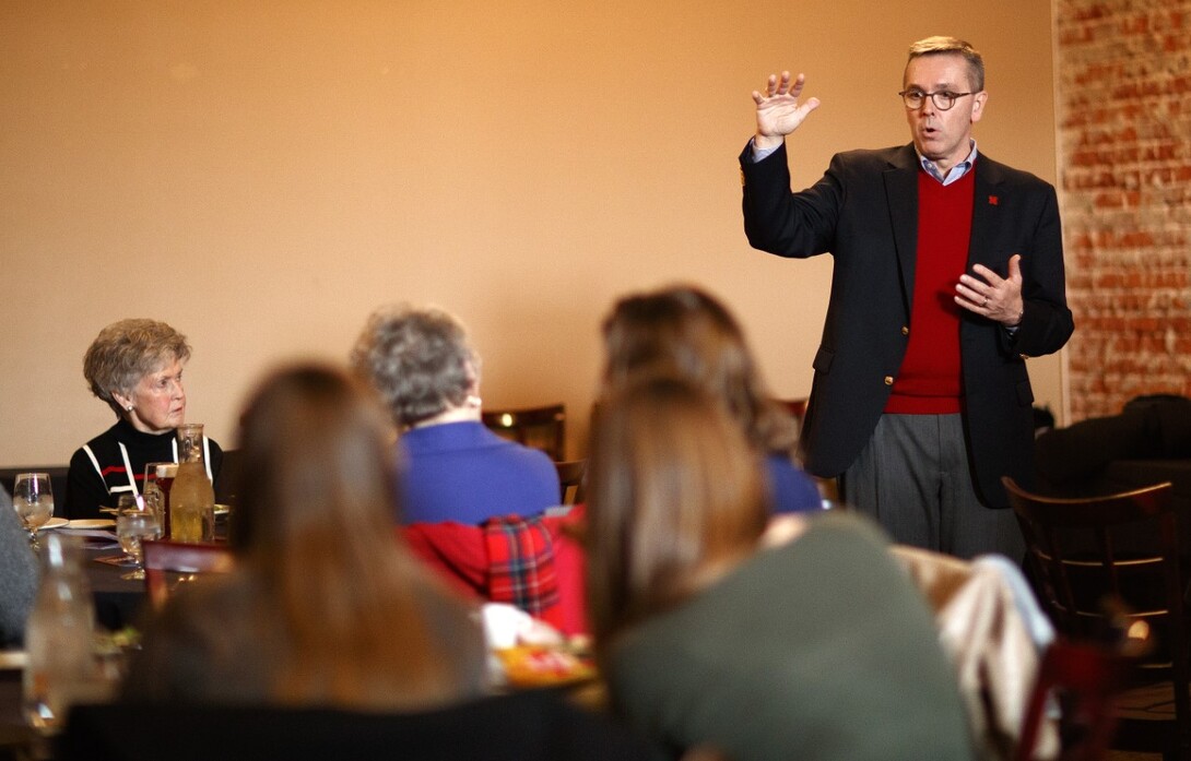 Chancellor Ronnie Green talks with a public gathering in Fremont on Jan. 23.