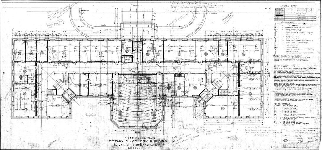 Architect drawing of the first floor of Bessey Hall. This drawing shows the lecture hall (center, bottom) and the angled walls that helped identify the photo from the Archives and Special Collections.
