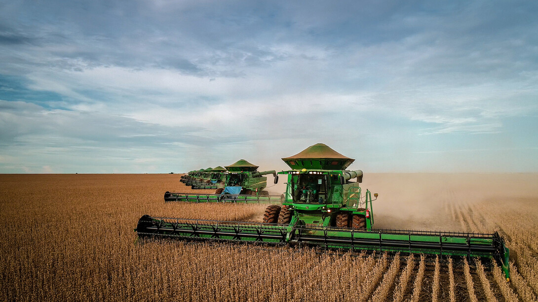 Combines harvest soybeans in Chapadão do Sul, Mato Grosso do Sul, Brazil, Feb. 27, 2019