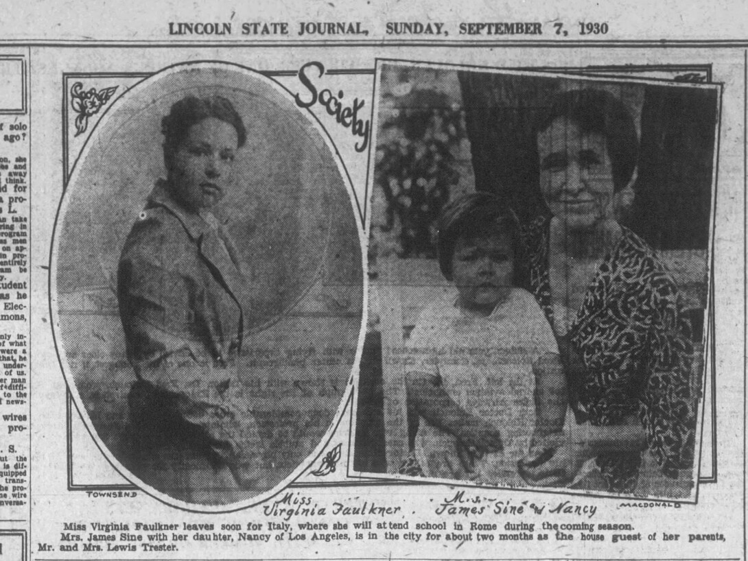 Newspaper clipping outlining travel plans for Virginia Faulkner
